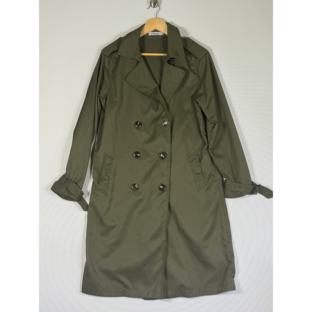 Stelen Women Medium Trench Coat Olive Green Double Breasted Earthy Timeless Chic